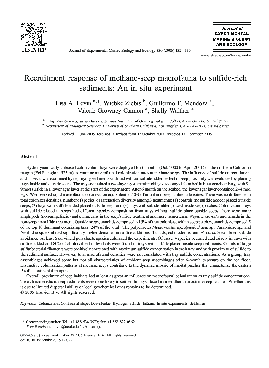 Recruitment response of methane-seep macrofauna to sulfide-rich sediments: An in situ experiment