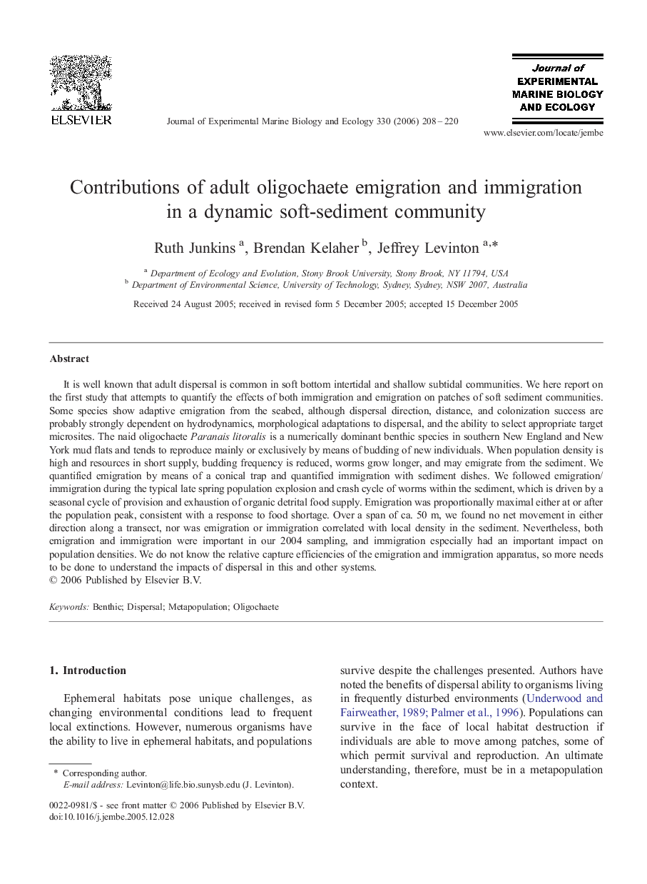 عکس صفحه اول مقاله: Contributions of adult oligochaete emigration and immigration in a dynamic soft-sediment community Contributions of adult oligochaete emigration and immigration in a dynamic soft-sediment community