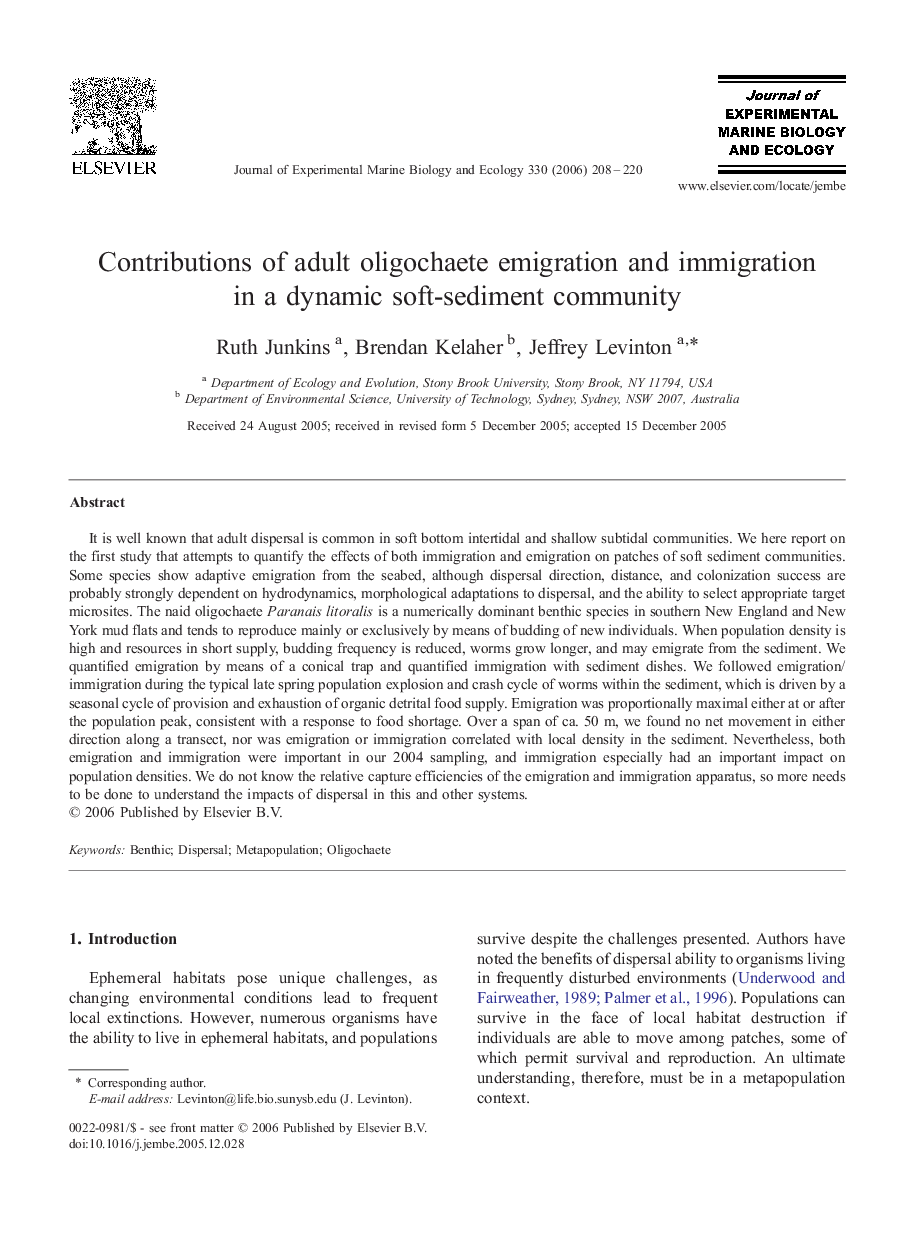 Contributions of adult oligochaete emigration and immigration in a dynamic soft-sediment community