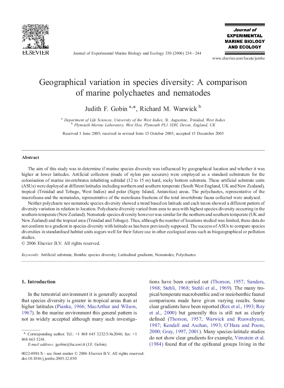 Geographical variation in species diversity: A comparison of marine polychaetes and nematodes