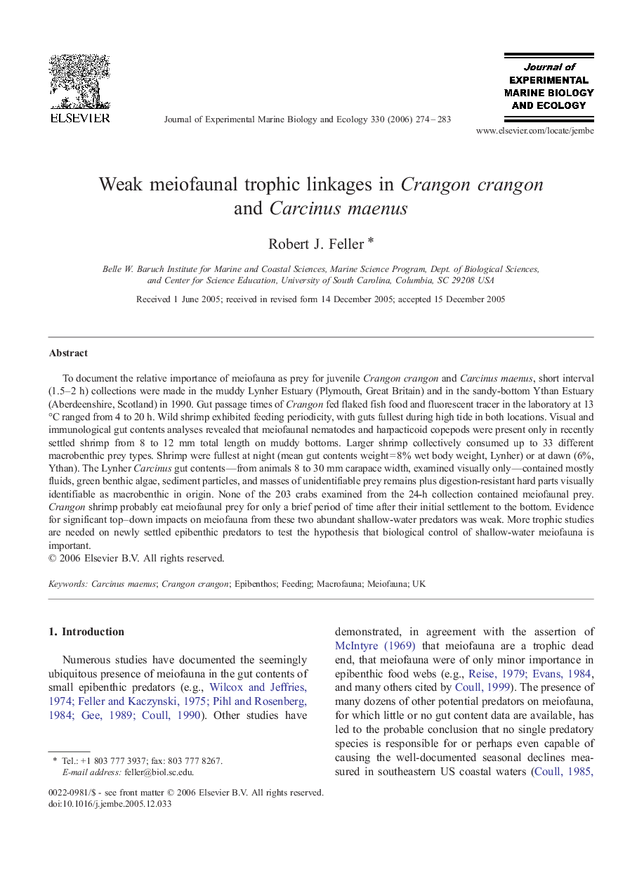 Weak meiofaunal trophic linkages in Crangon crangon and Carcinus maenus