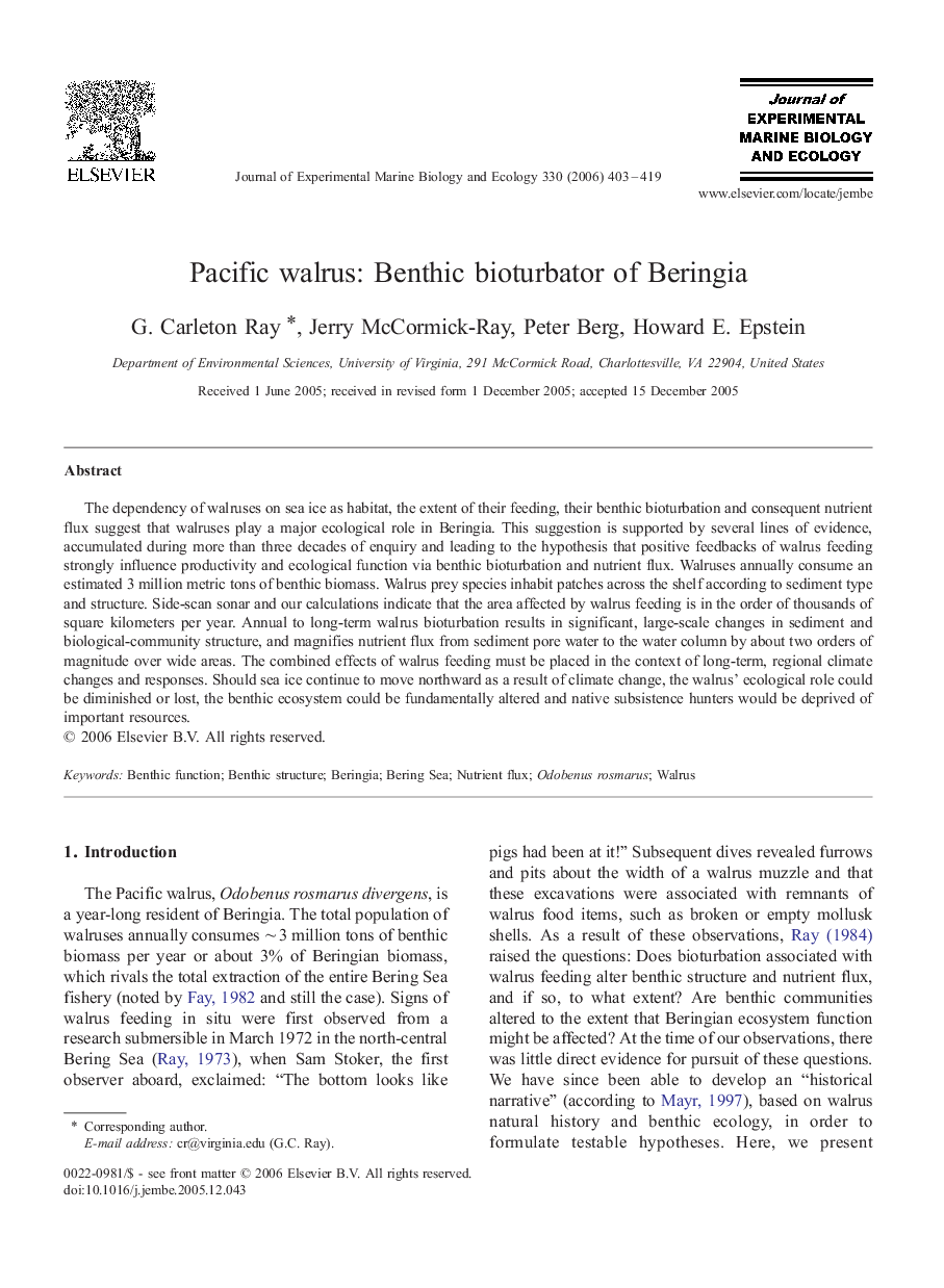 Pacific walrus: Benthic bioturbator of Beringia