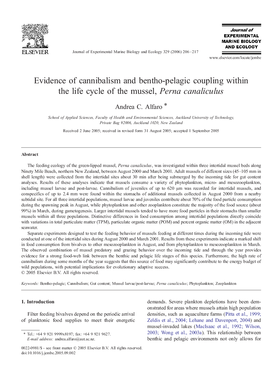 Evidence of cannibalism and bentho-pelagic coupling within the life cycle of the mussel, Perna canaliculus