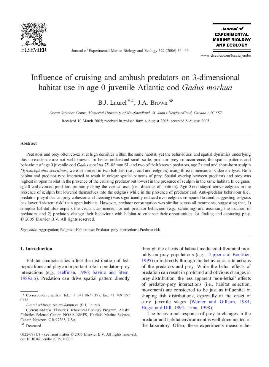 Influence of cruising and ambush predators on 3-dimensional habitat use in age 0 juvenile Atlantic cod Gadus morhua