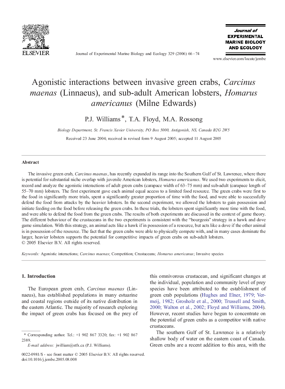 Agonistic interactions between invasive green crabs, Carcinus maenas (Linnaeus), and sub-adult American lobsters, Homarus americanus (Milne Edwards)