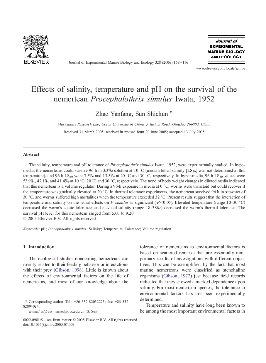 Effects of salinity, temperature and pH on the survival of the nemertean Procephalothrix simulus Iwata, 1952