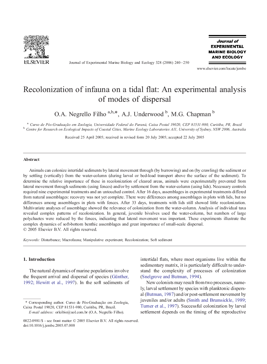 Recolonization of infauna on a tidal flat: An experimental analysis of modes of dispersal