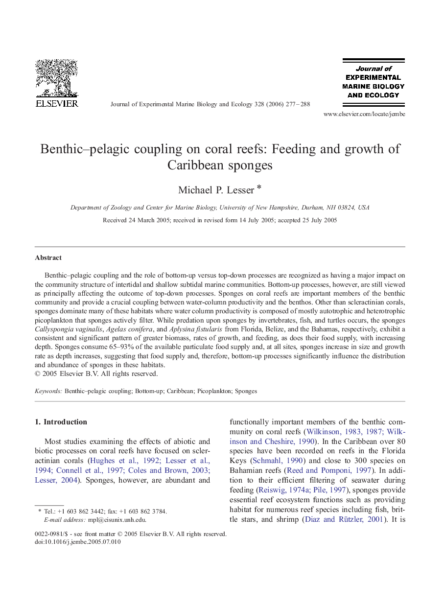 Benthic–pelagic coupling on coral reefs: Feeding and growth of Caribbean sponges