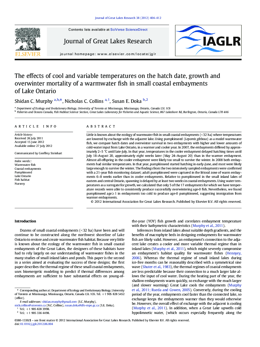 The effects of cool and variable temperatures on the hatch date, growth and overwinter mortality of a warmwater fish in small coastal embayments of Lake Ontario