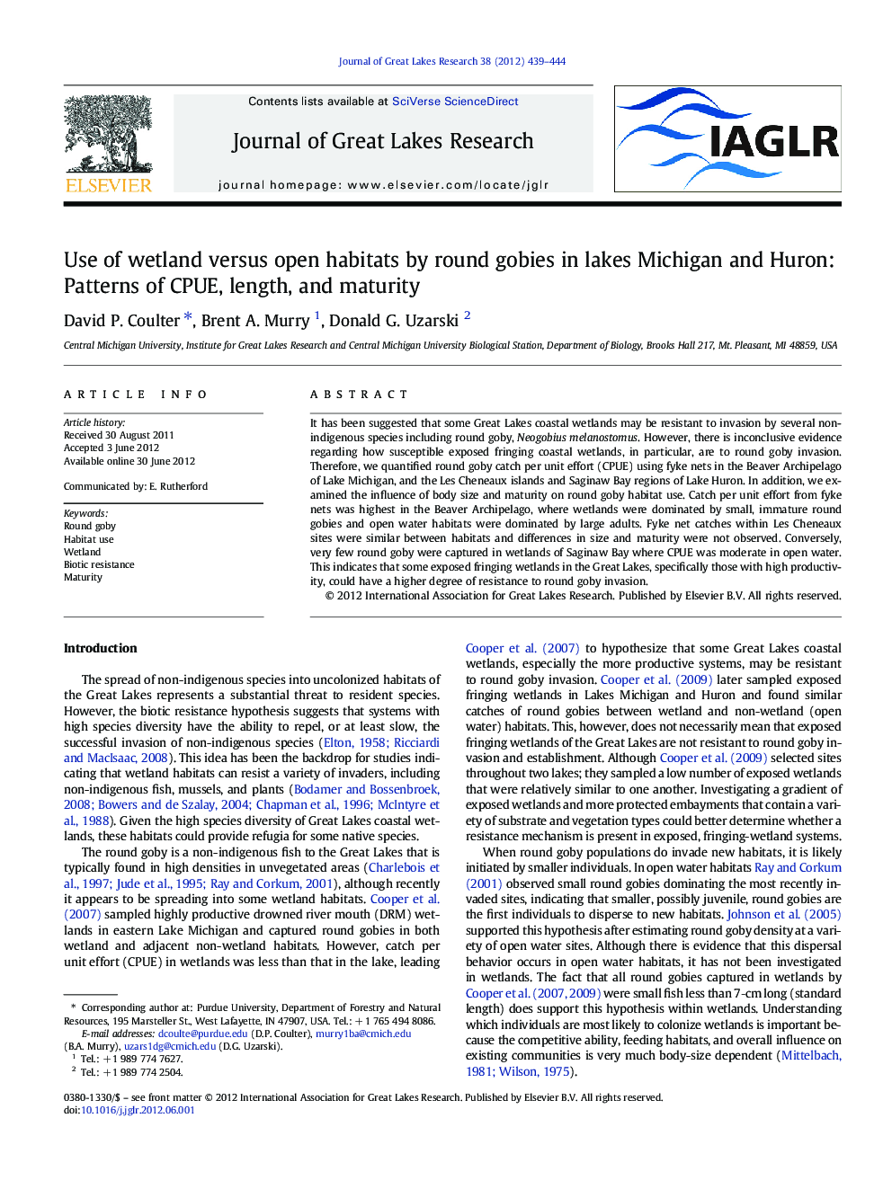 Use of wetland versus open habitats by round gobies in lakes Michigan and Huron: Patterns of CPUE, length, and maturity