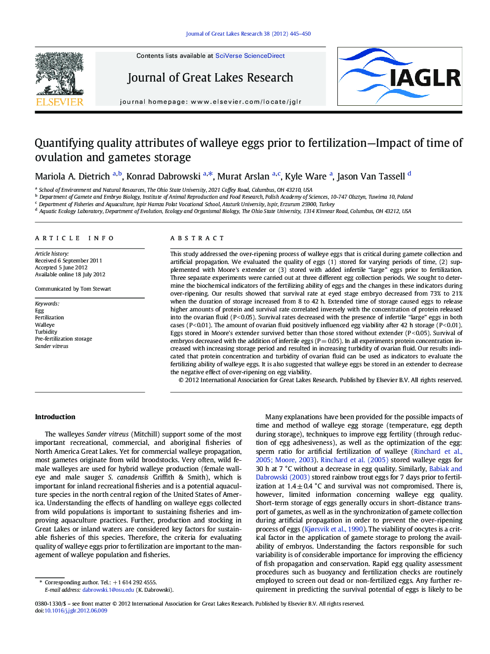 Quantifying quality attributes of walleye eggs prior to fertilization-Impact of time of ovulation and gametes storage