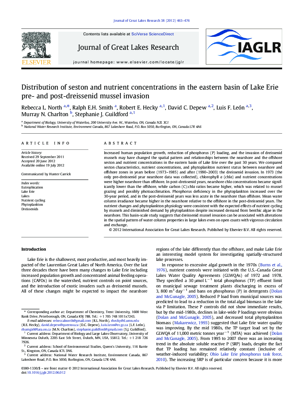 Distribution of seston and nutrient concentrations in the eastern basin of Lake Erie pre- and post-dreissenid mussel invasion