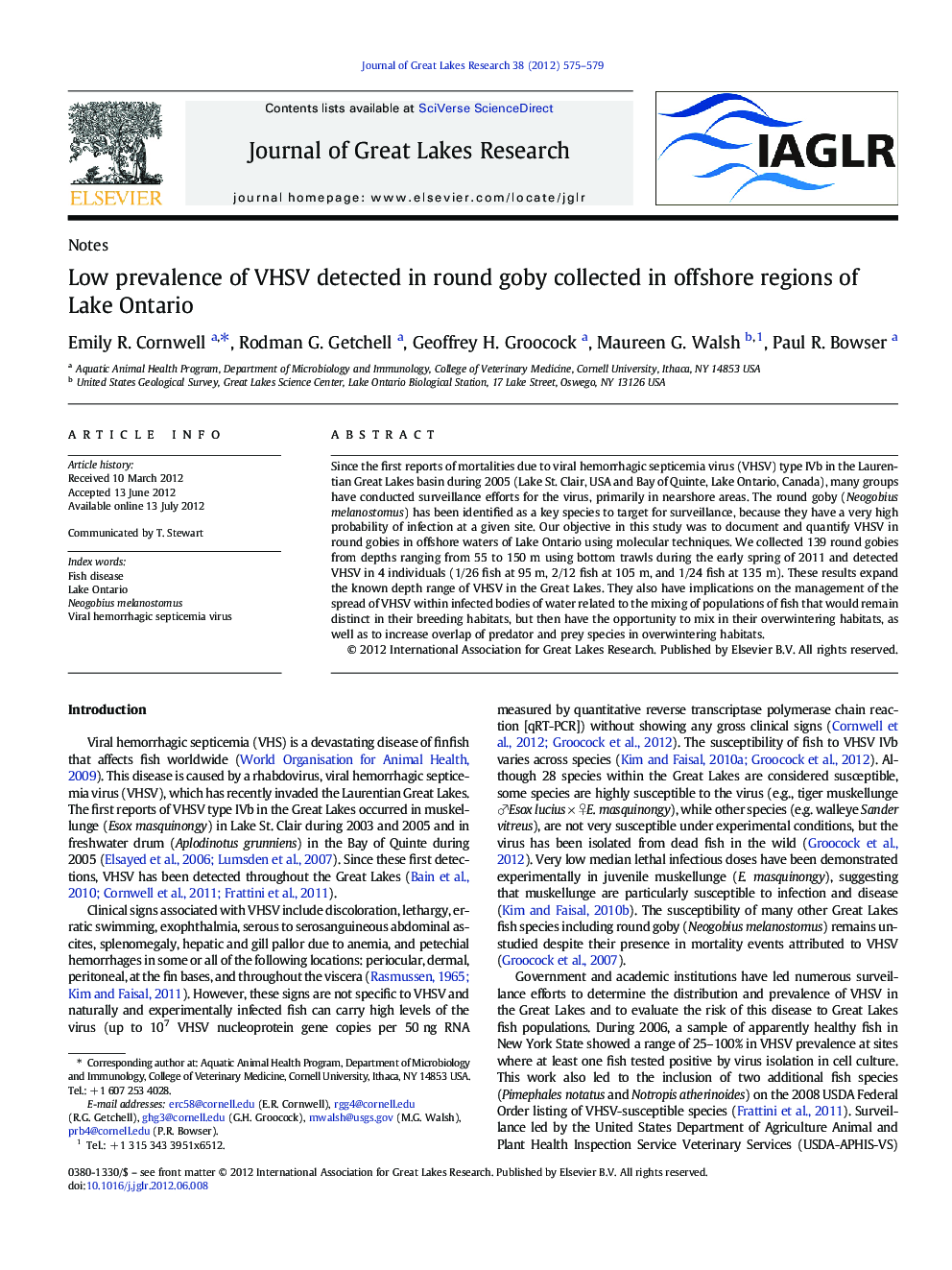 Low prevalence of VHSV detected in round goby collected in offshore regions of Lake Ontario