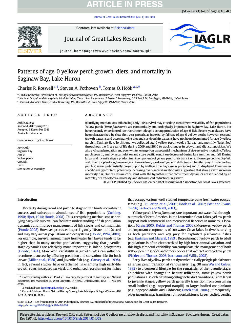 Patterns of age-0 yellow perch growth, diets, and mortality in Saginaw Bay, Lake Huron