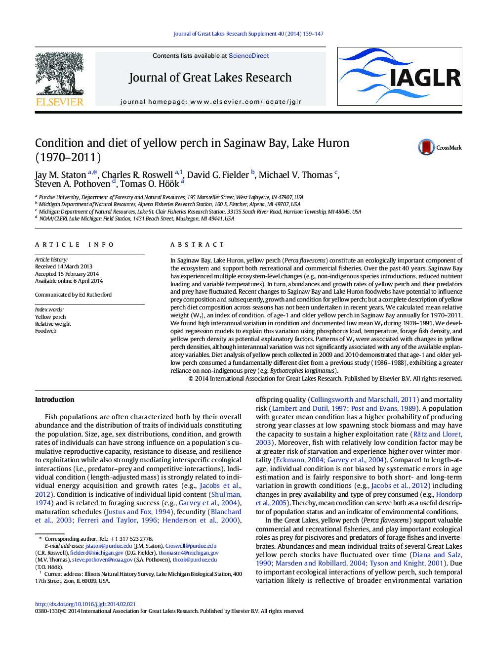 Condition and diet of yellow perch in Saginaw Bay, Lake Huron (1970-2011)