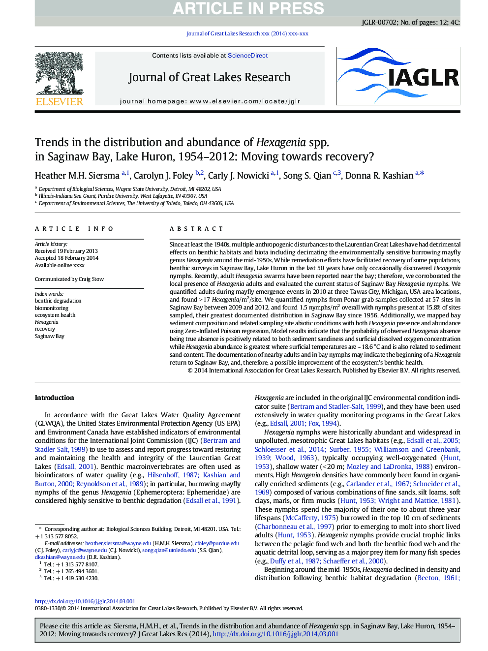 Trends in the distribution and abundance of Hexagenia spp. in Saginaw Bay, Lake Huron, 1954-2012: Moving towards recovery?