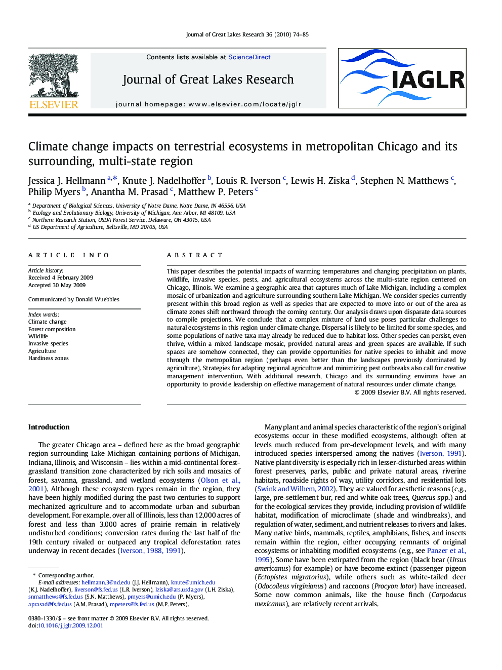 Climate change impacts on terrestrial ecosystems in metropolitan Chicago and its surrounding, multi-state region