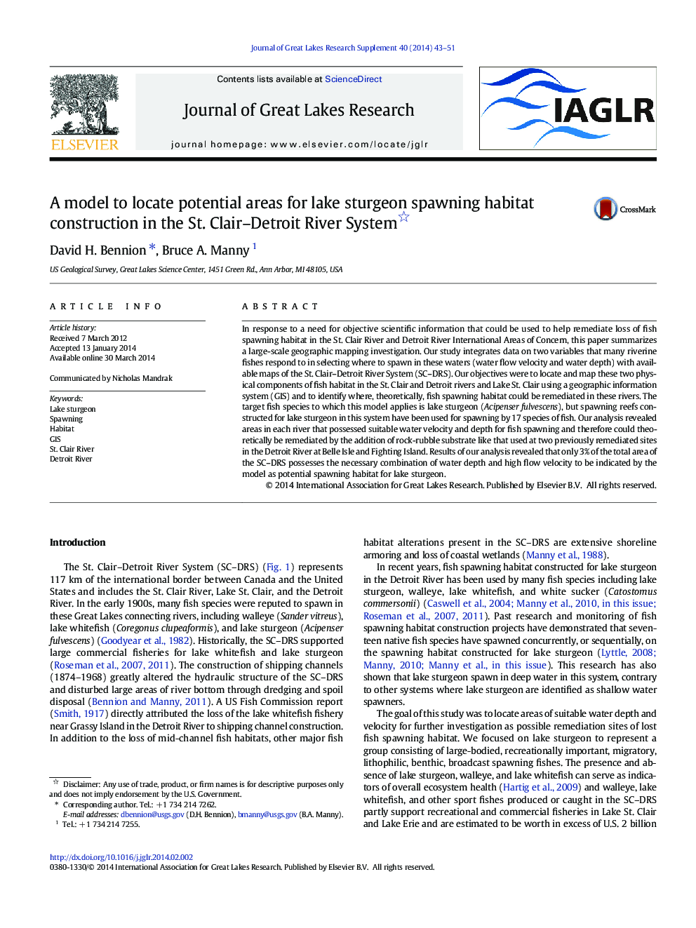 A model to locate potential areas for lake sturgeon spawning habitat construction in the St. Clair–Detroit River System 
