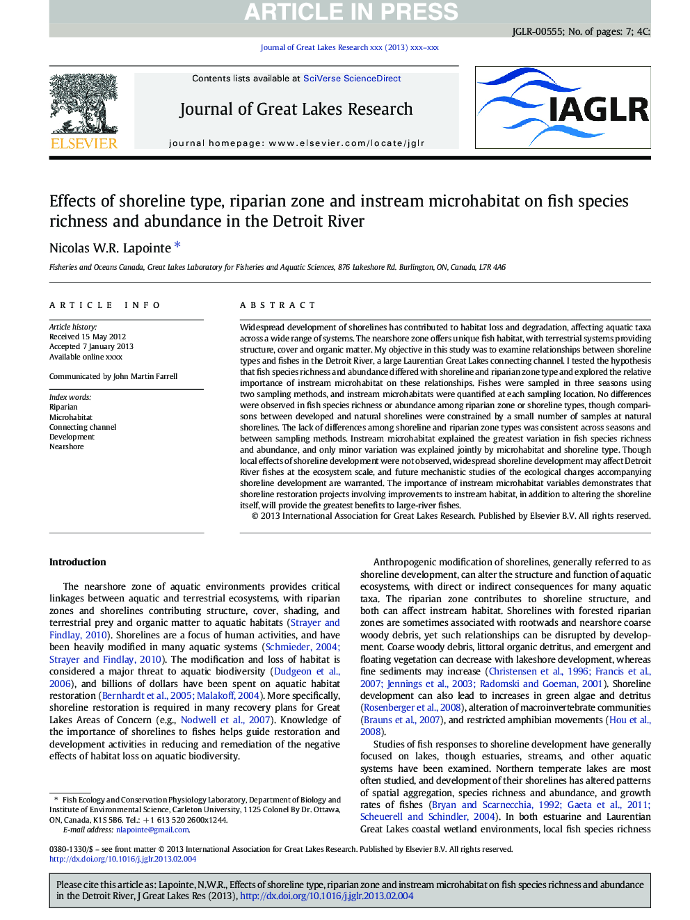 Effects of shoreline type, riparian zone and instream microhabitat on fish species richness and abundance in the Detroit River