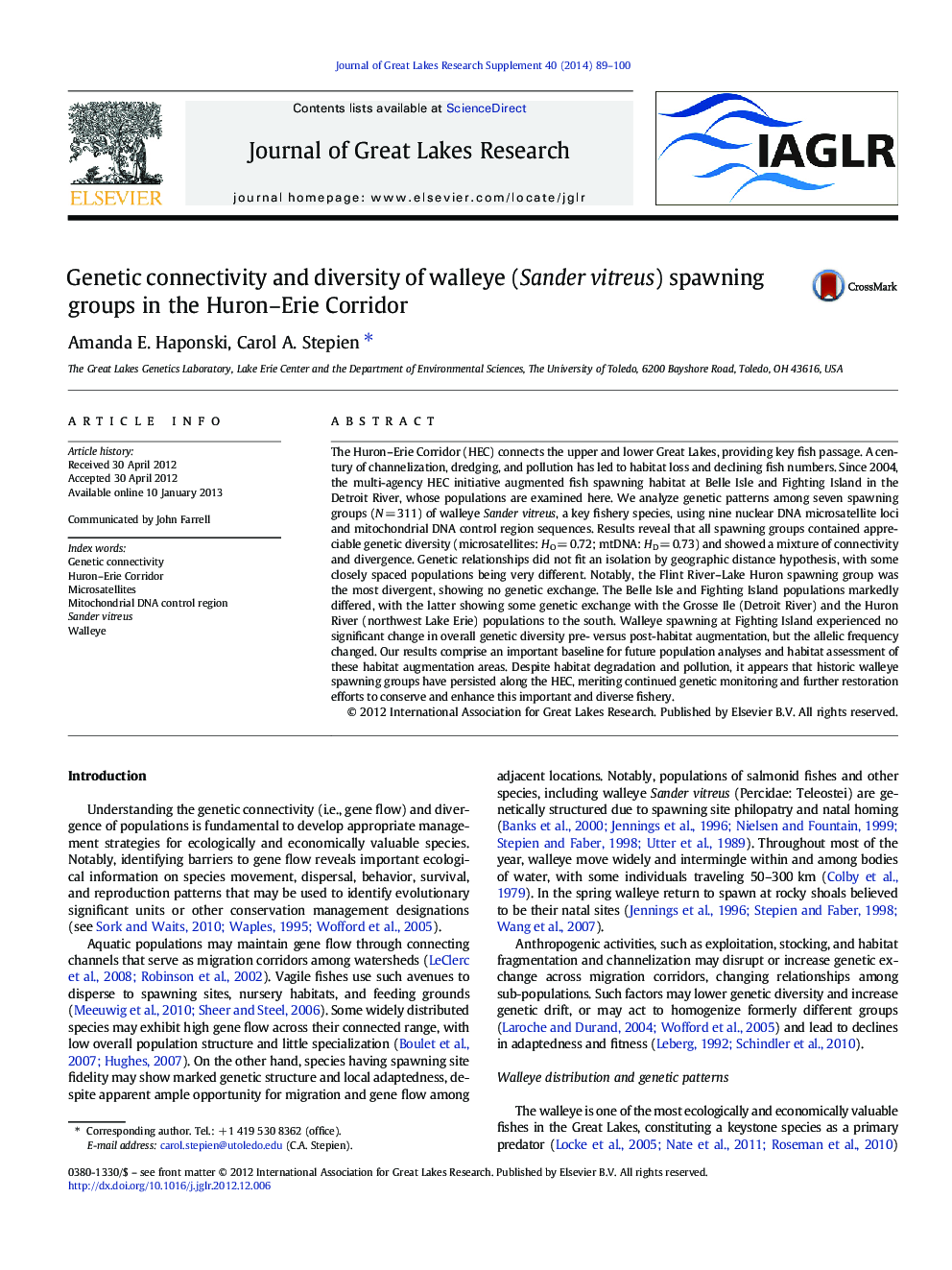 Genetic connectivity and diversity of walleye (Sander vitreus) spawning groups in the Huron-Erie Corridor