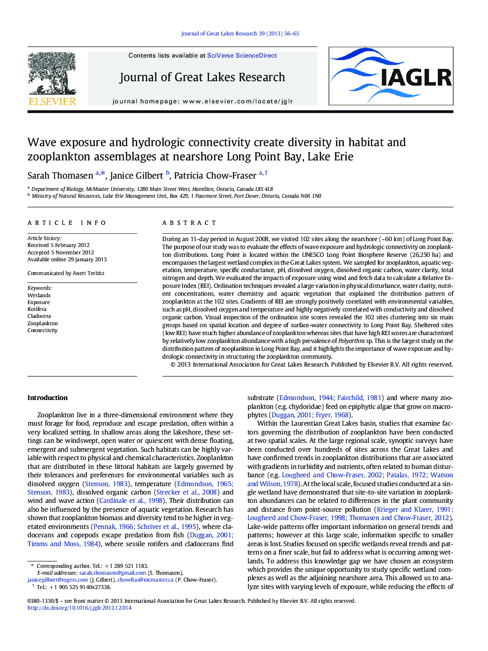 Wave exposure and hydrologic connectivity create diversity in habitat and zooplankton assemblages at nearshore Long Point Bay, Lake Erie