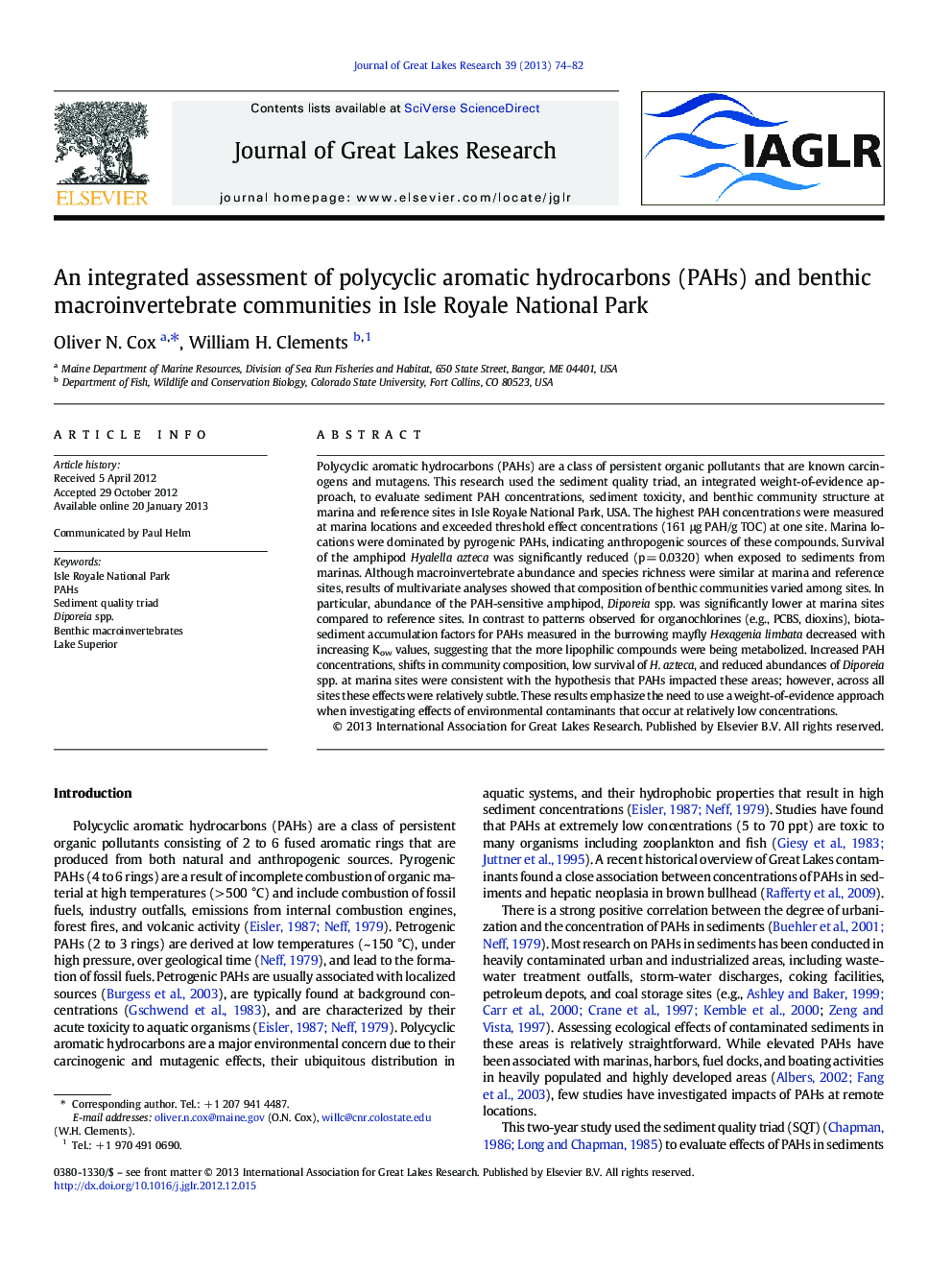 An integrated assessment of polycyclic aromatic hydrocarbons (PAHs) and benthic macroinvertebrate communities in Isle Royale National Park