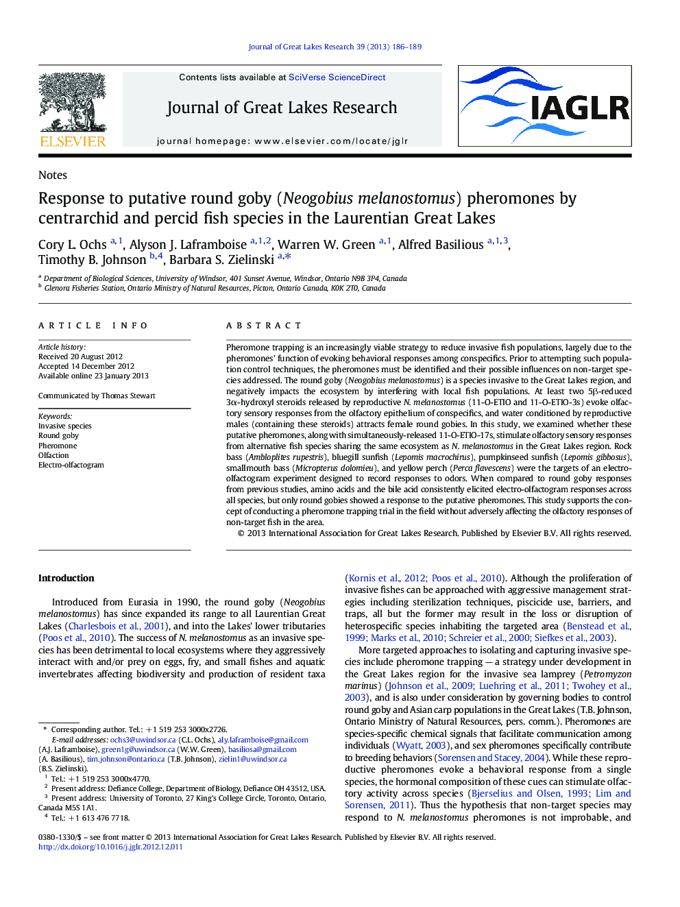 Response to putative round goby (Neogobius melanostomus) pheromones by centrarchid and percid fish species in the Laurentian Great Lakes