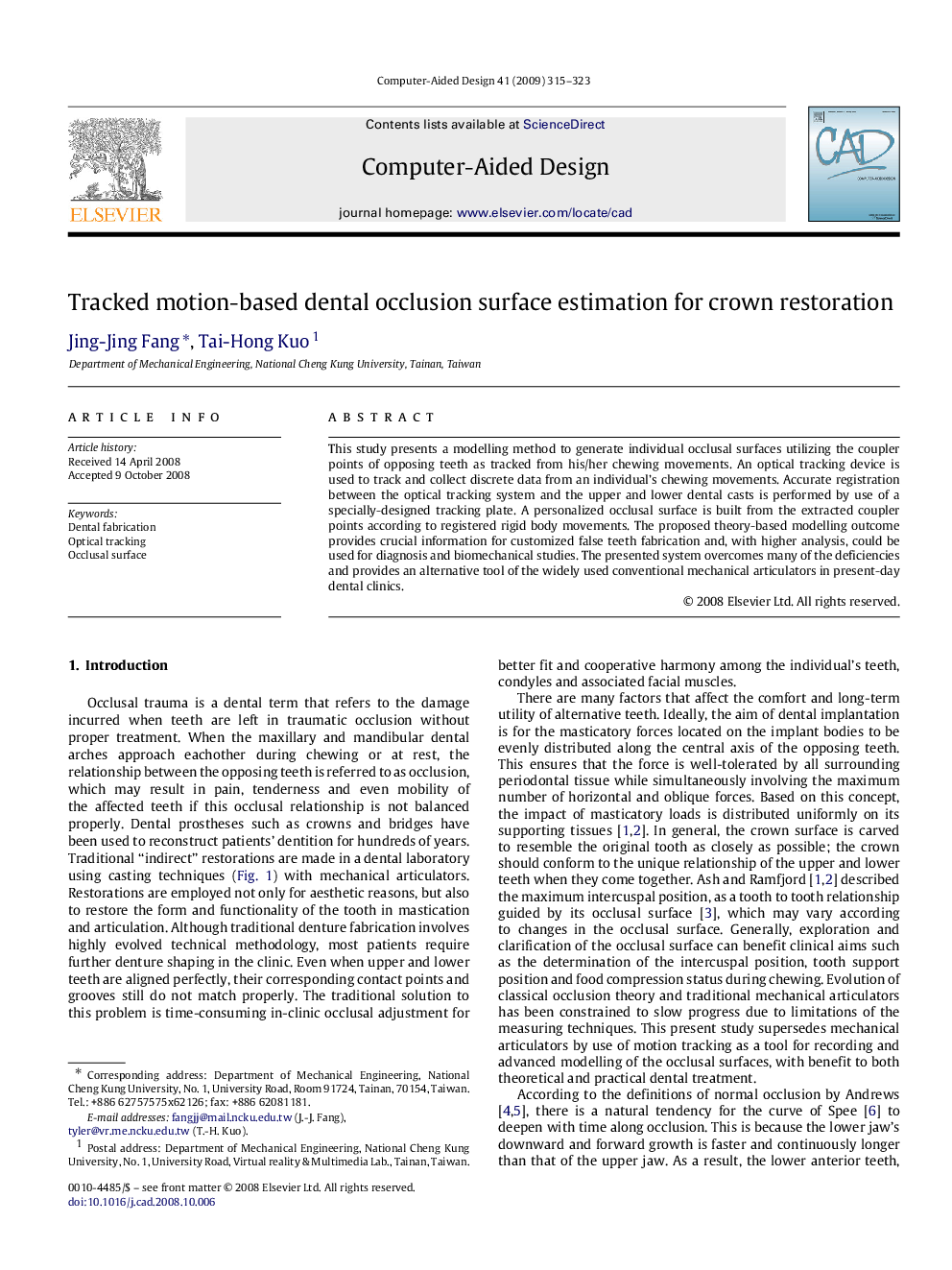 Tracked motion-based dental occlusion surface estimation for crown restoration