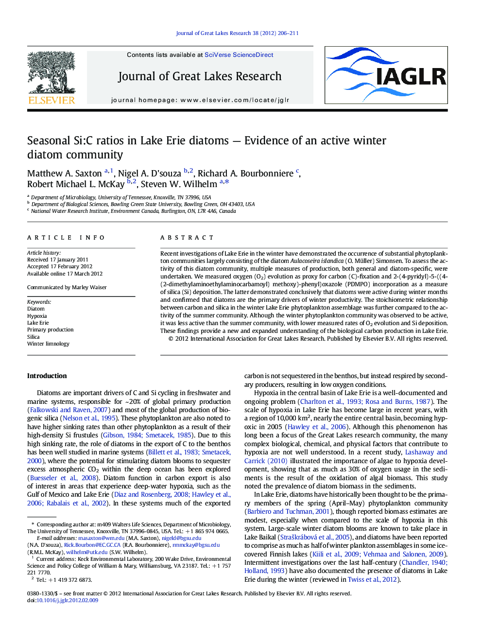 Seasonal Si:C ratios in Lake Erie diatoms — Evidence of an active winter diatom community