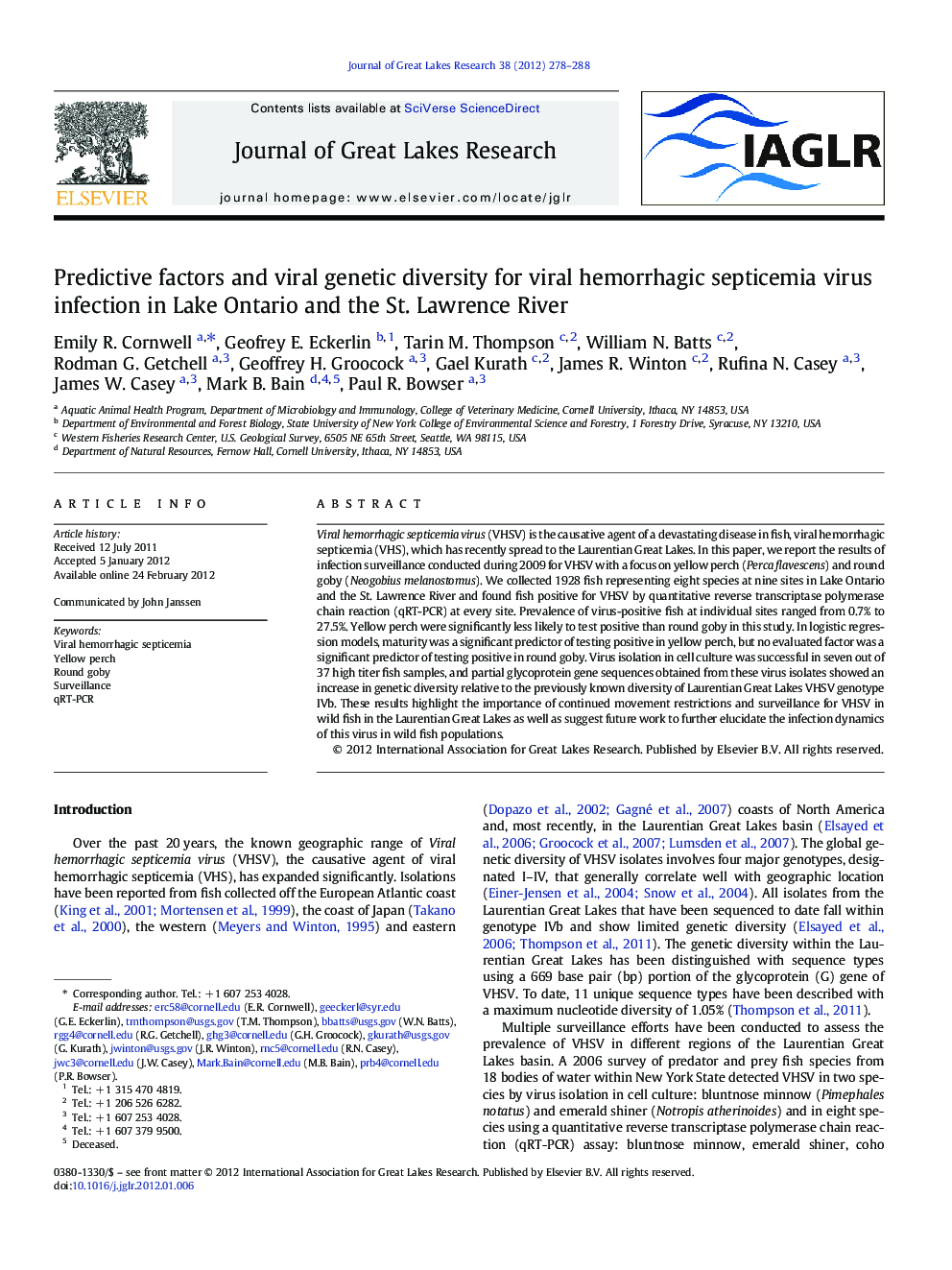 Predictive factors and viral genetic diversity for viral hemorrhagic septicemia virus infection in Lake Ontario and the St. Lawrence River