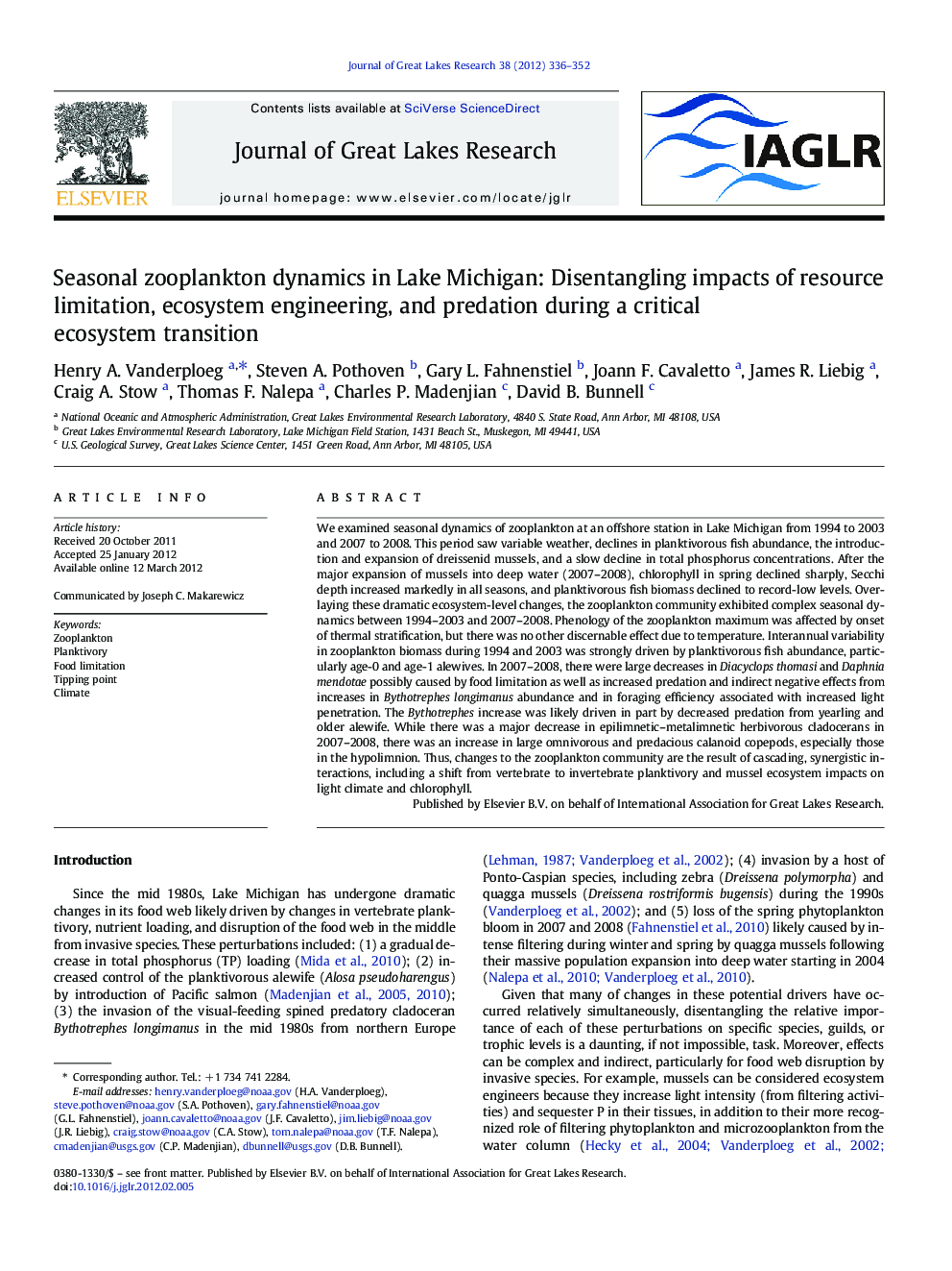Seasonal zooplankton dynamics in Lake Michigan: Disentangling impacts of resource limitation, ecosystem engineering, and predation during a critical ecosystem transition