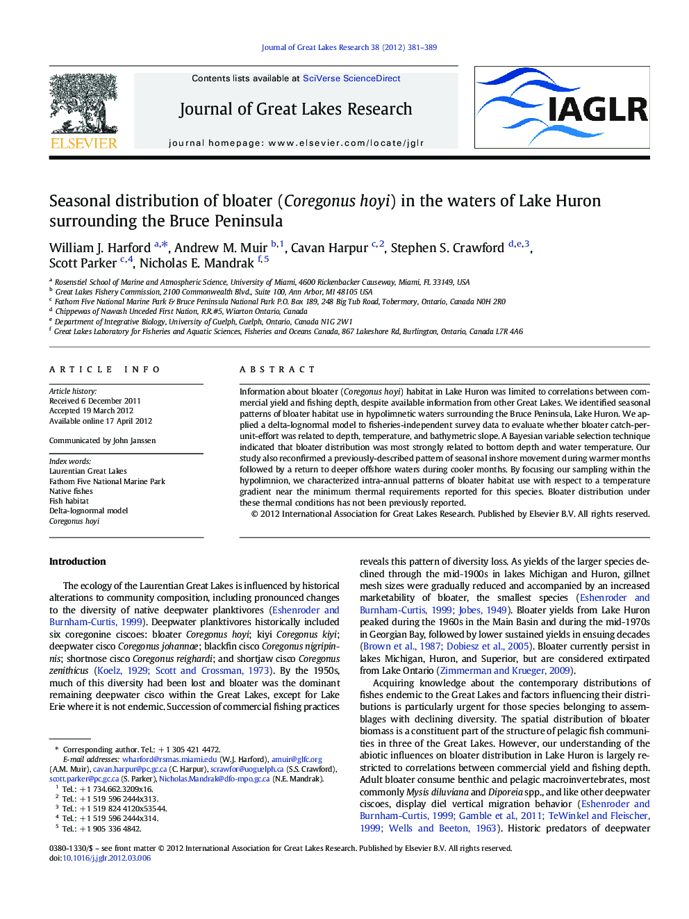 Seasonal distribution of bloater (Coregonus hoyi) in the waters of Lake Huron surrounding the Bruce Peninsula