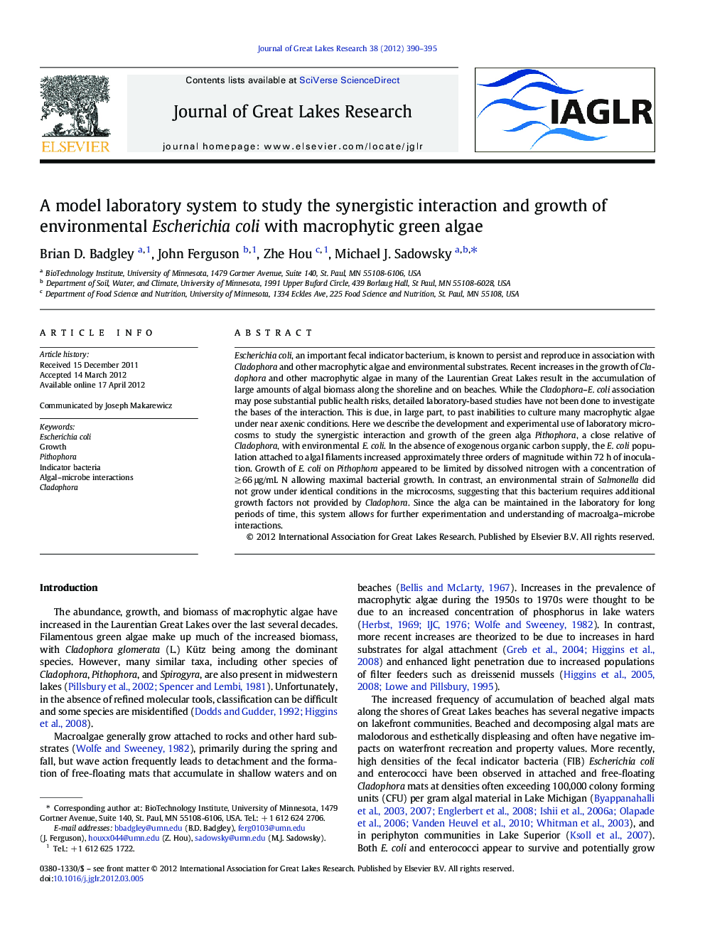 A model laboratory system to study the synergistic interaction and growth of environmental Escherichia coli with macrophytic green algae