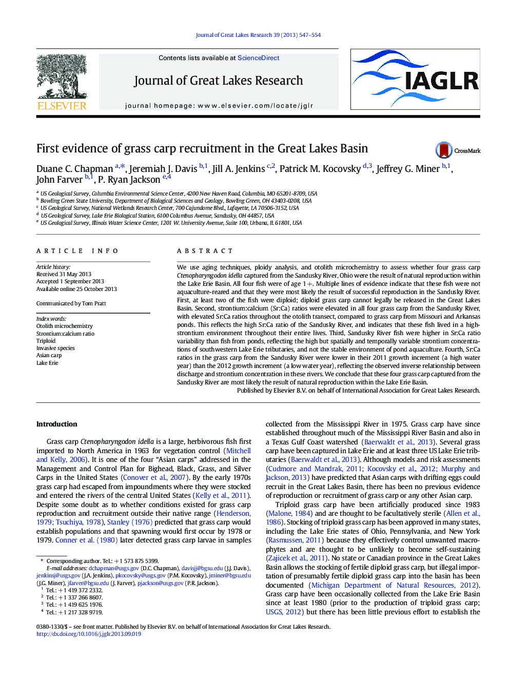 First evidence of grass carp recruitment in the Great Lakes Basin