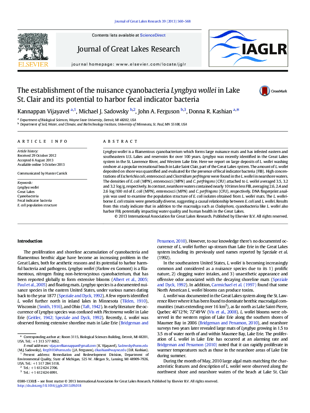 The establishment of the nuisance cyanobacteria Lyngbya wollei in Lake St. Clair and its potential to harbor fecal indicator bacteria