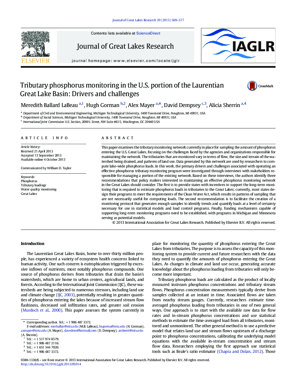 Tributary phosphorus monitoring in the U.S. portion of the Laurentian Great Lake Basin: Drivers and challenges