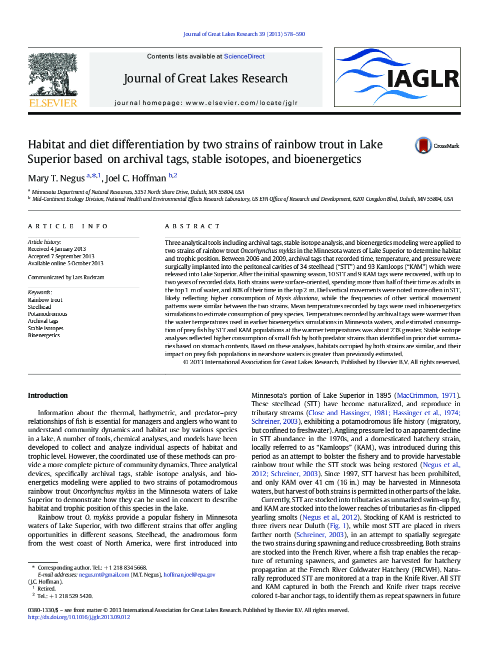 Habitat and diet differentiation by two strains of rainbow trout in Lake Superior based on archival tags, stable isotopes, and bioenergetics