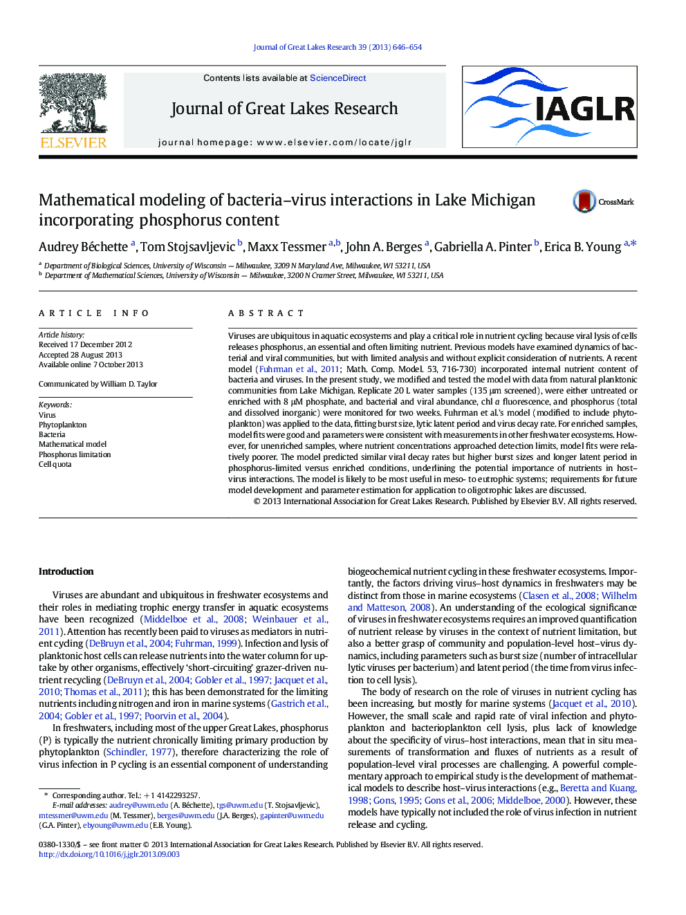 Mathematical modeling of bacteria-virus interactions in Lake Michigan incorporating phosphorus content