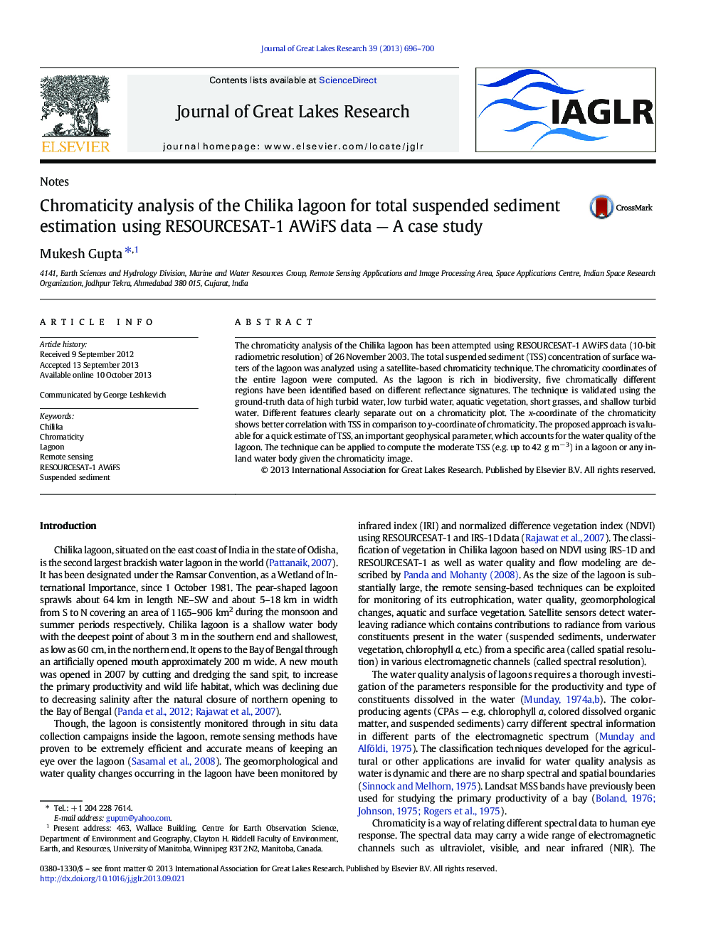 Chromaticity analysis of the Chilika lagoon for total suspended sediment estimation using RESOURCESAT-1 AWiFS data - A case study