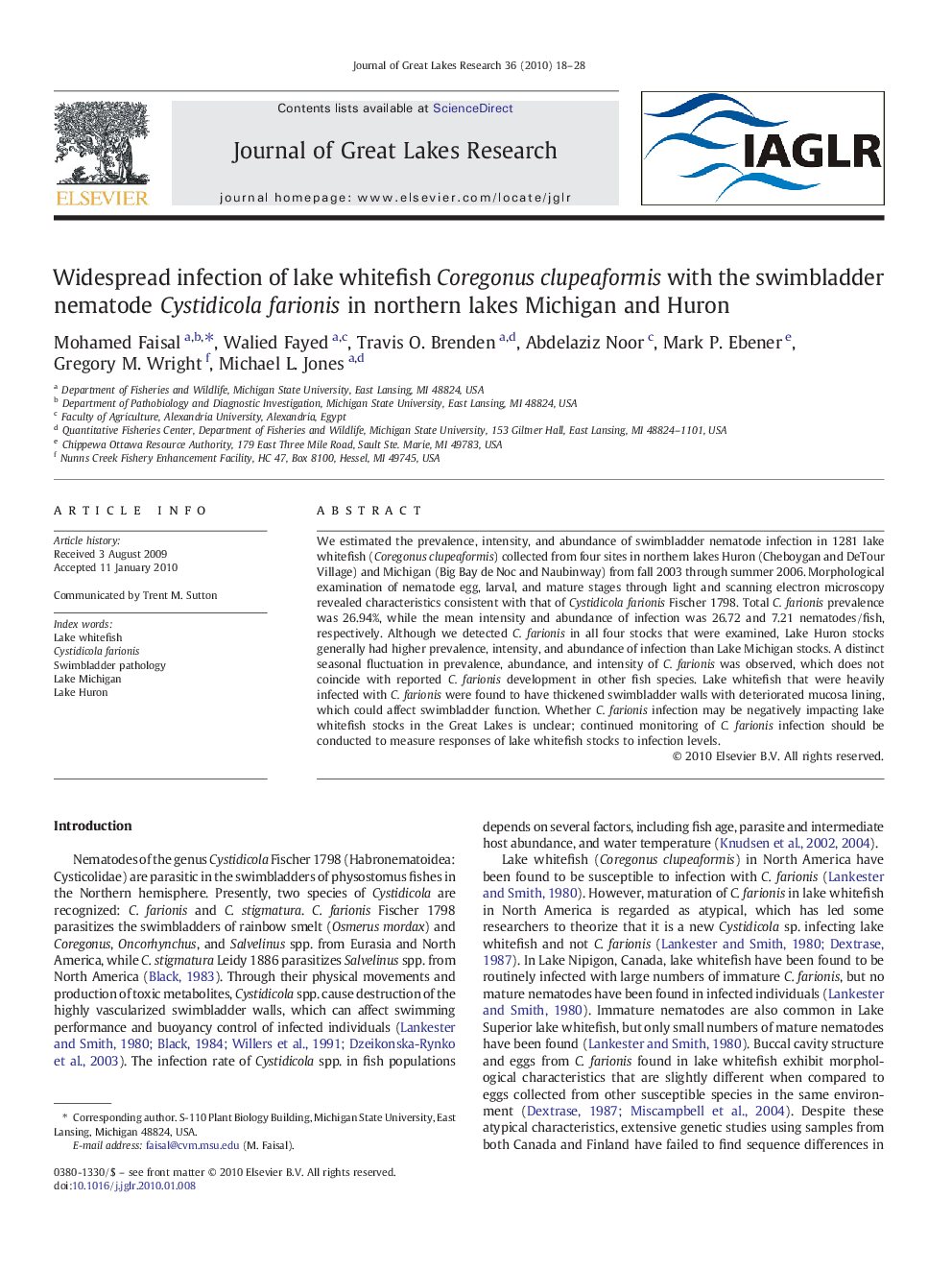 Widespread infection of lake whitefish Coregonus clupeaformis with the swimbladder nematode Cystidicola farionis in northern lakes Michigan and Huron