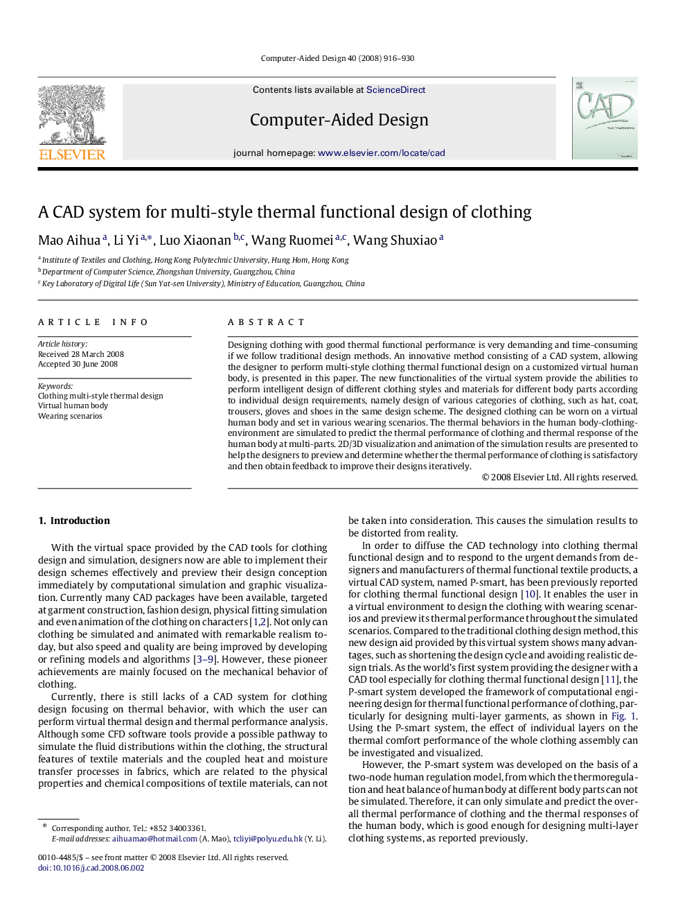 A CAD system for multi-style thermal functional design of clothing