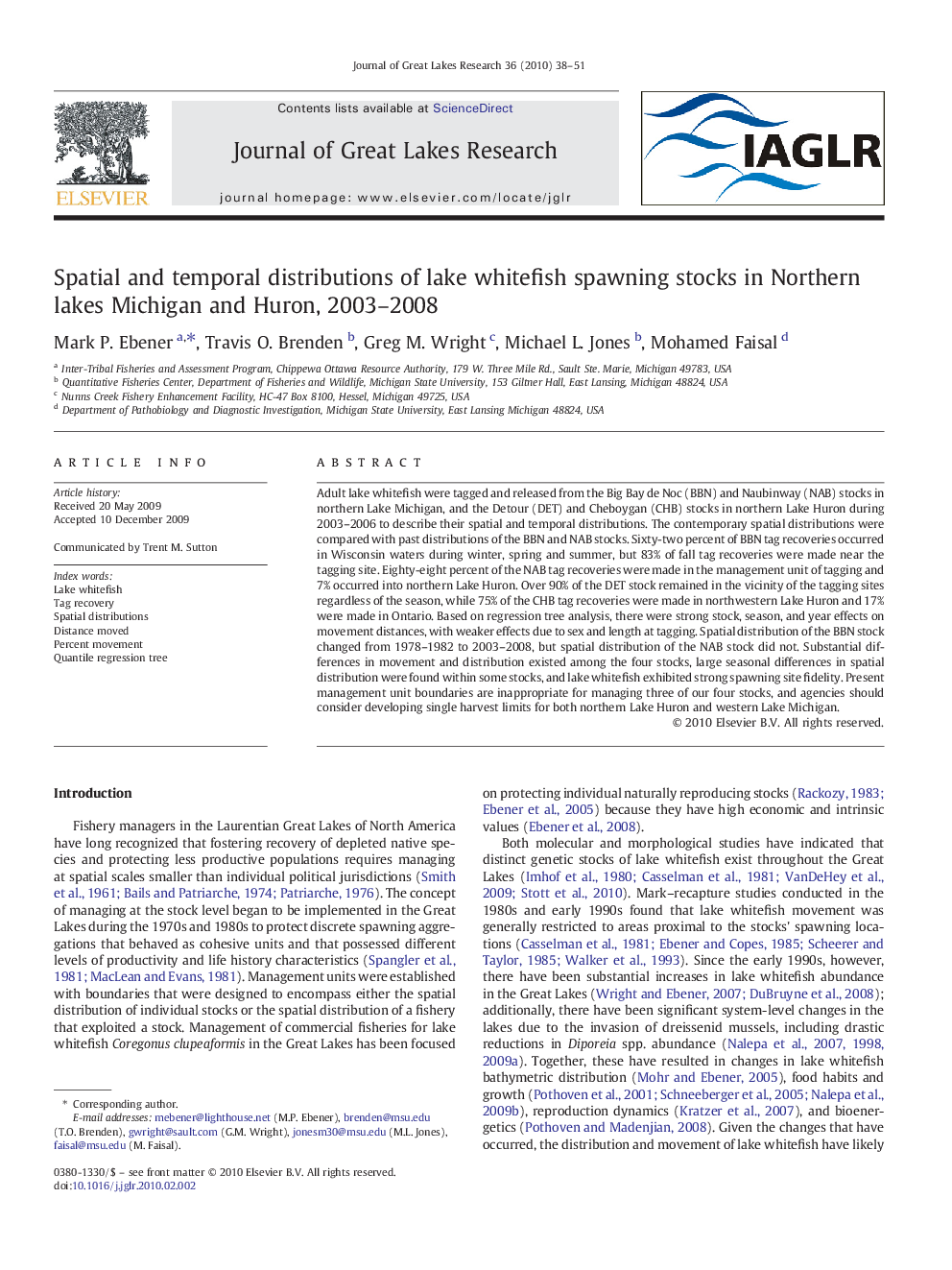 Spatial and temporal distributions of lake whitefish spawning stocks in Northern lakes Michigan and Huron, 2003-2008