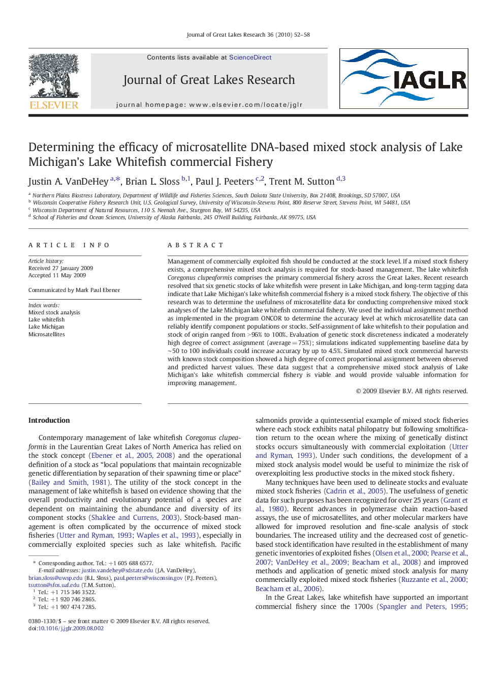 Determining the efficacy of microsatellite DNA-based mixed stock analysis of Lake Michigan's Lake Whitefish commercial Fishery