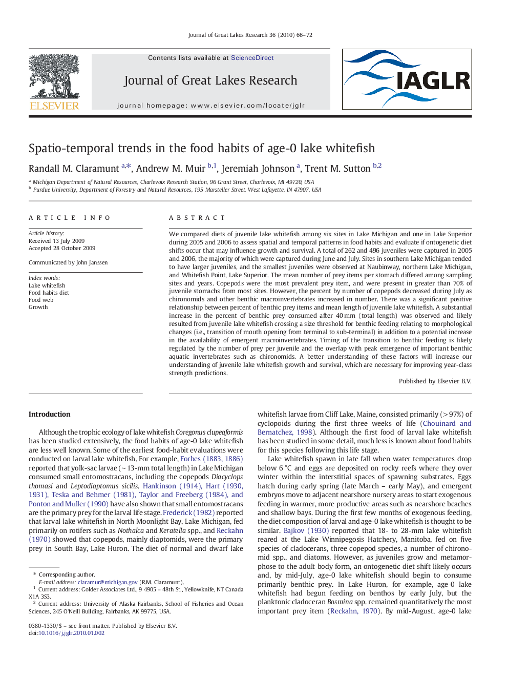 Spatio-temporal trends in the food habits of age-0 lake whitefish