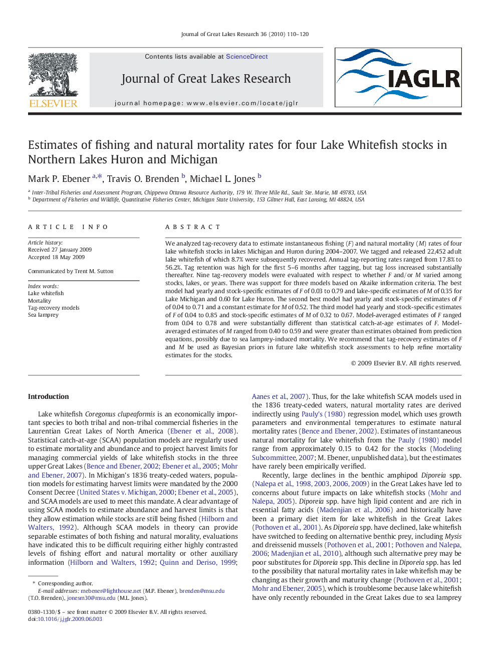 Estimates of fishing and natural mortality rates for four Lake Whitefish stocks in Northern Lakes Huron and Michigan