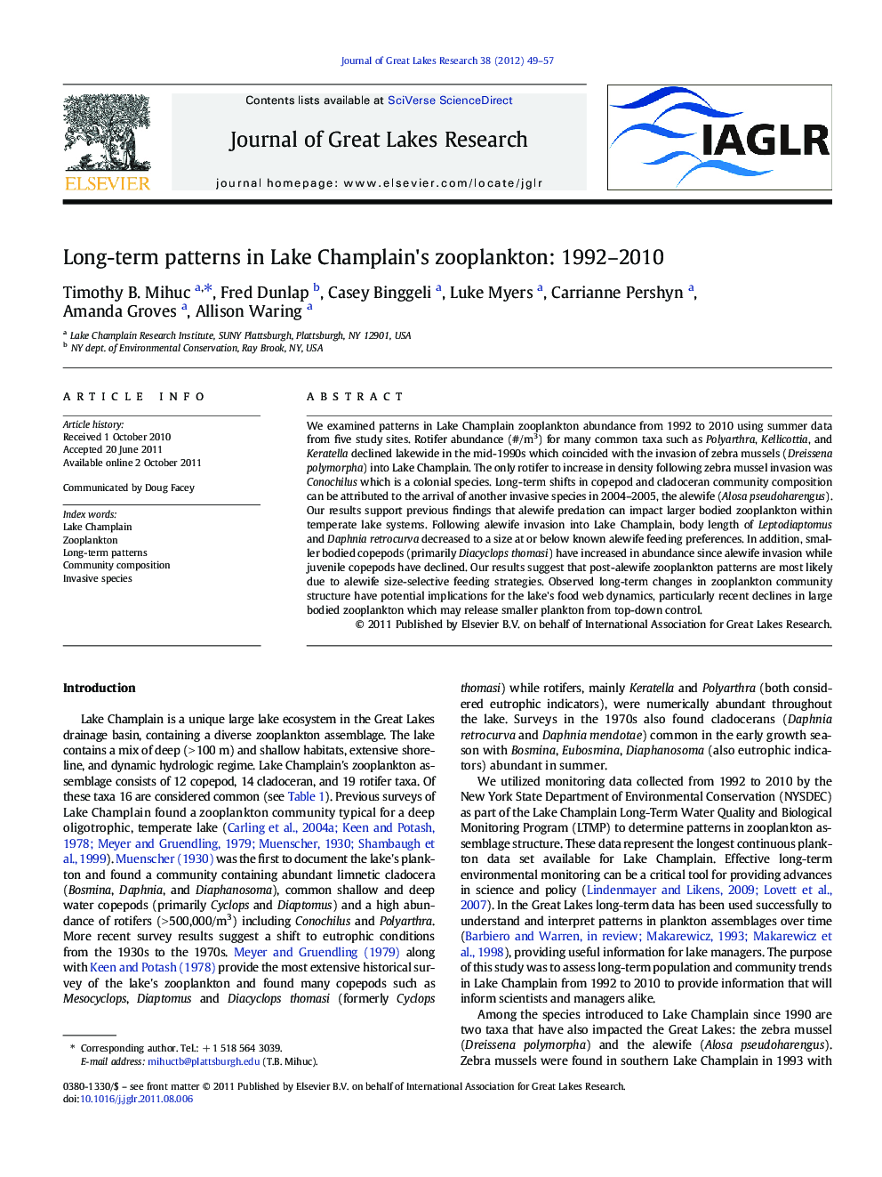 Long-term patterns in Lake Champlain's zooplankton: 1992-2010