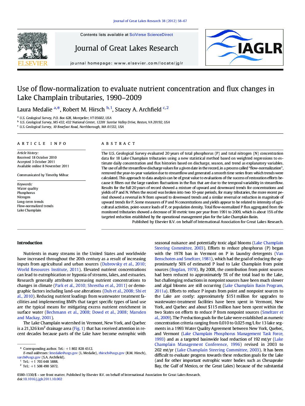 Use of flow-normalization to evaluate nutrient concentration and flux changes in Lake Champlain tributaries, 1990-2009