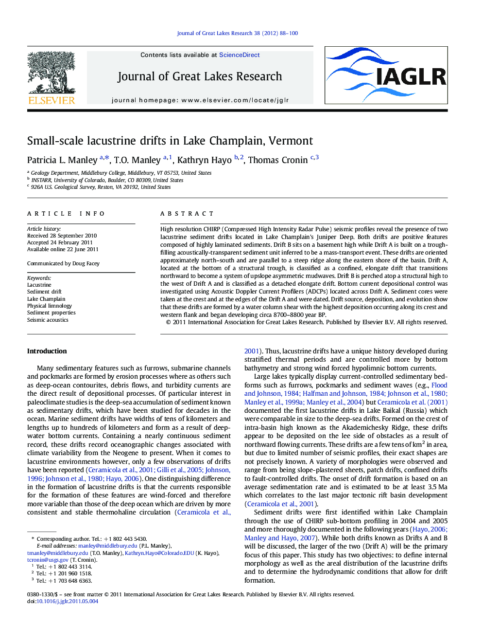 Small-scale lacustrine drifts in Lake Champlain, Vermont