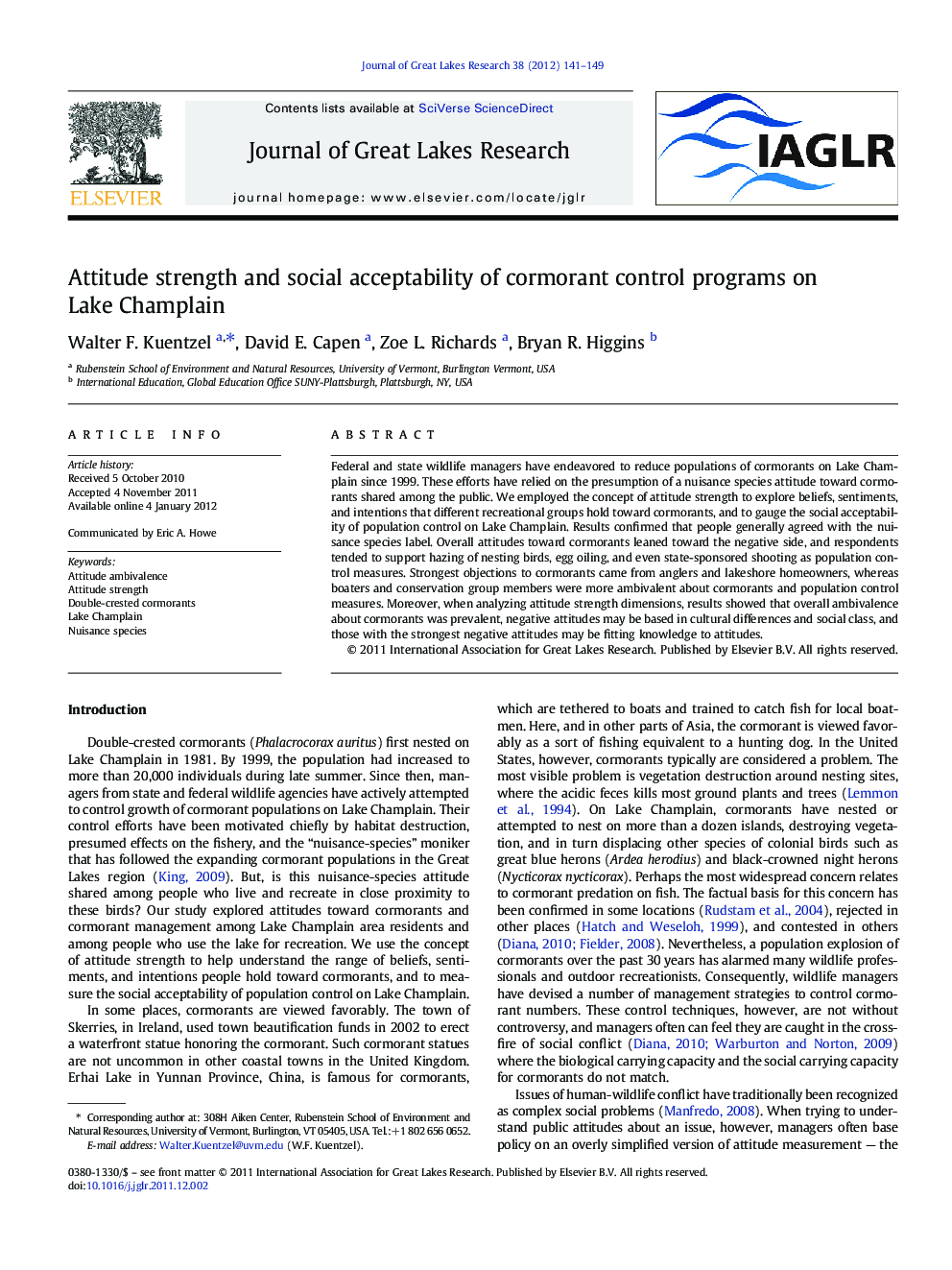 Attitude strength and social acceptability of cormorant control programs on Lake Champlain