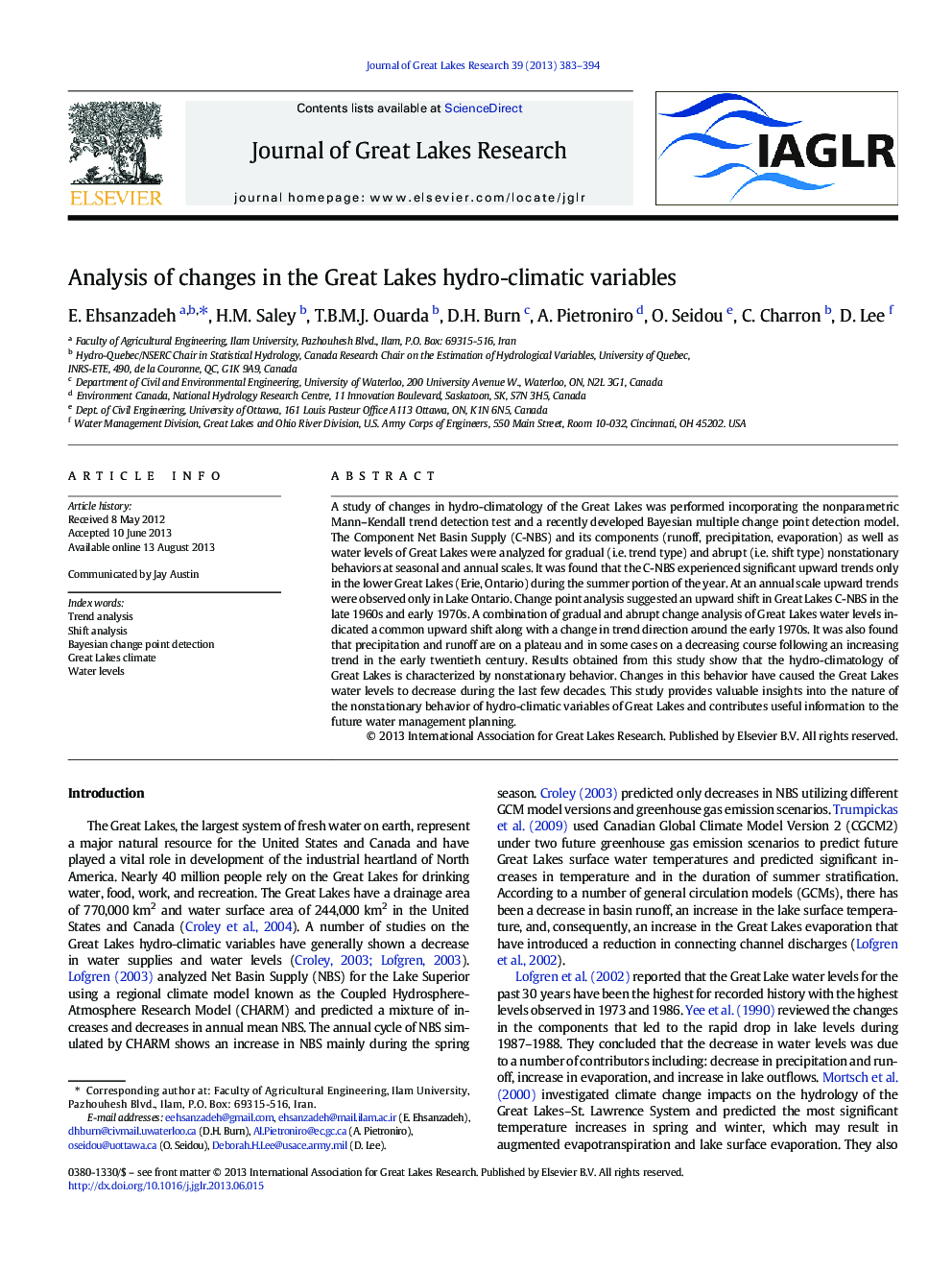 Analysis of changes in the Great Lakes hydro-climatic variables